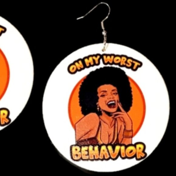 Foxy Afro Queen Smile On My Worst Behavior Large Statement Dangle Wood Earrings - Picture 3 of 5